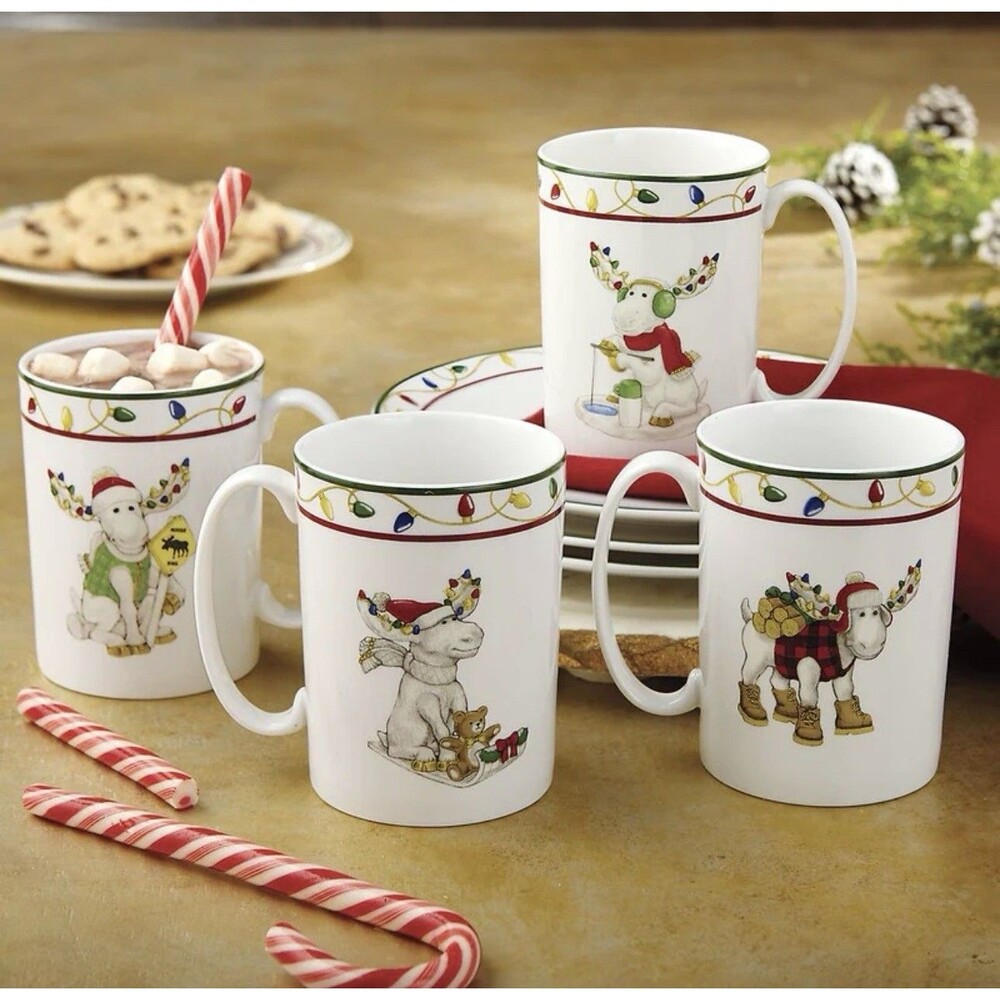 Lenox Merry Marcel Moose Coffee Mug 4 Cup Set Christmas Holiday Festive 2018